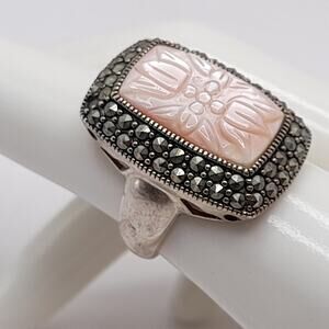 Sterling Silver Marcasite Pink Mother of Pearl Floral Ring Size 7 1990s